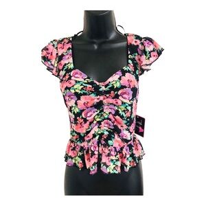 Black pink purple floral peplum shirred front heart neckline blouse size‎ large